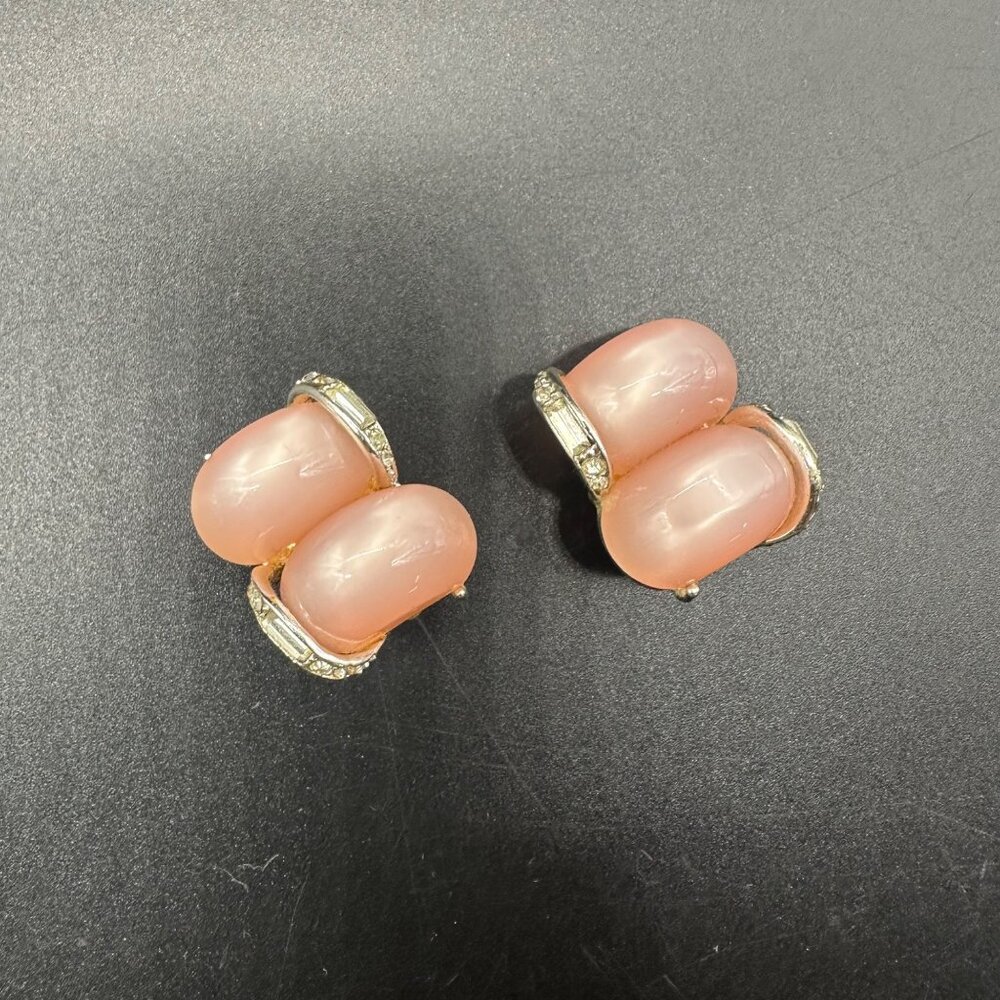 Vintage Pink Clip On Earrings Kramer Mid Century Rhinestone Accent Retro Jewelry